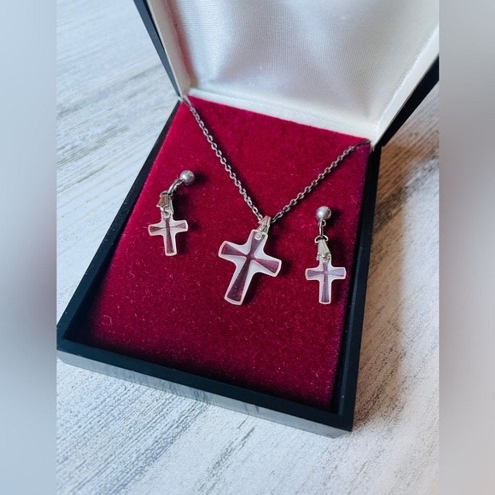 Vintage Acrylic Clear Cross Religious Christian Earring & Necklace Jewelry Set